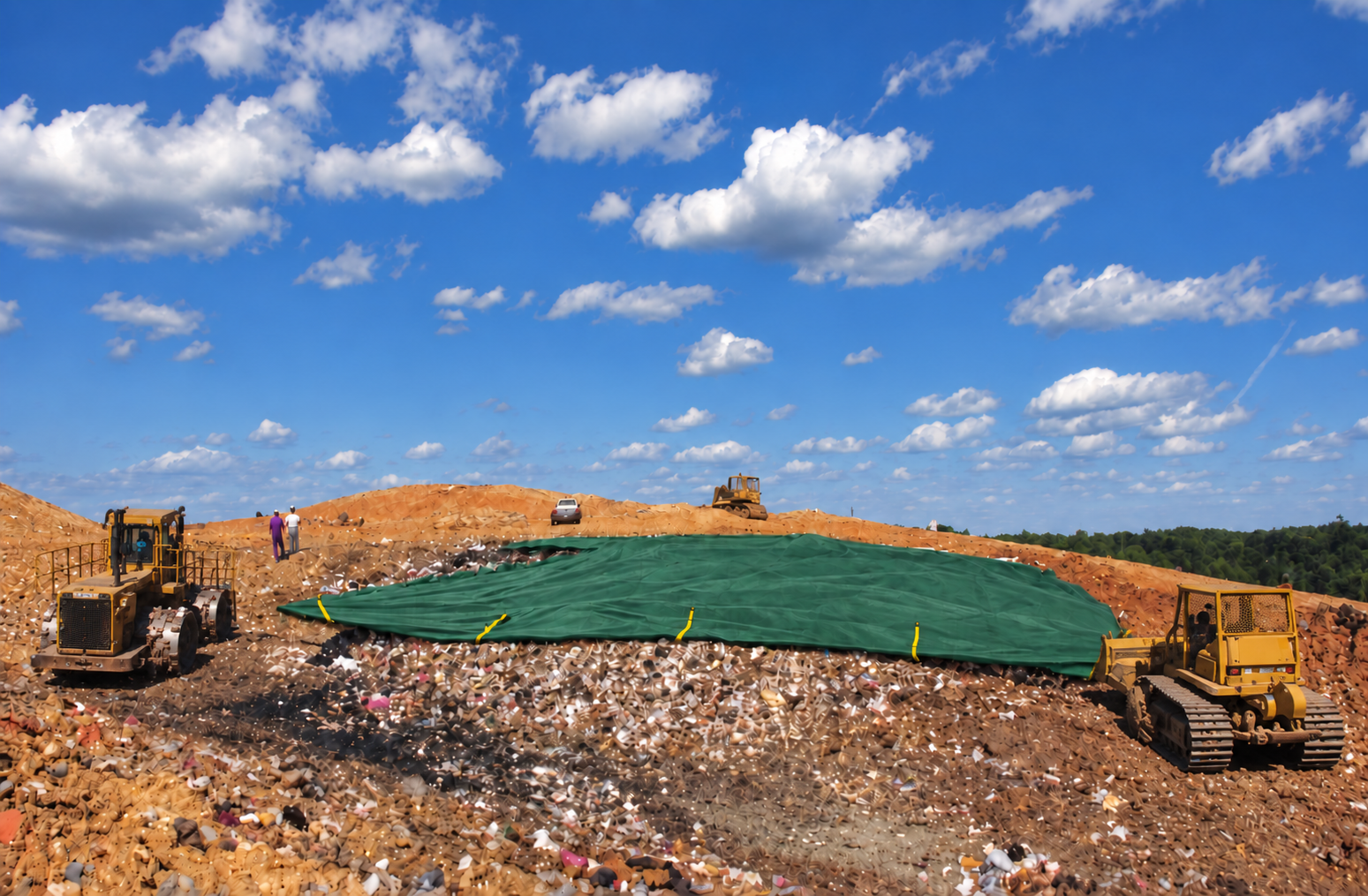 Green landfill cover with yellow securing straps deployed across an active landfill site